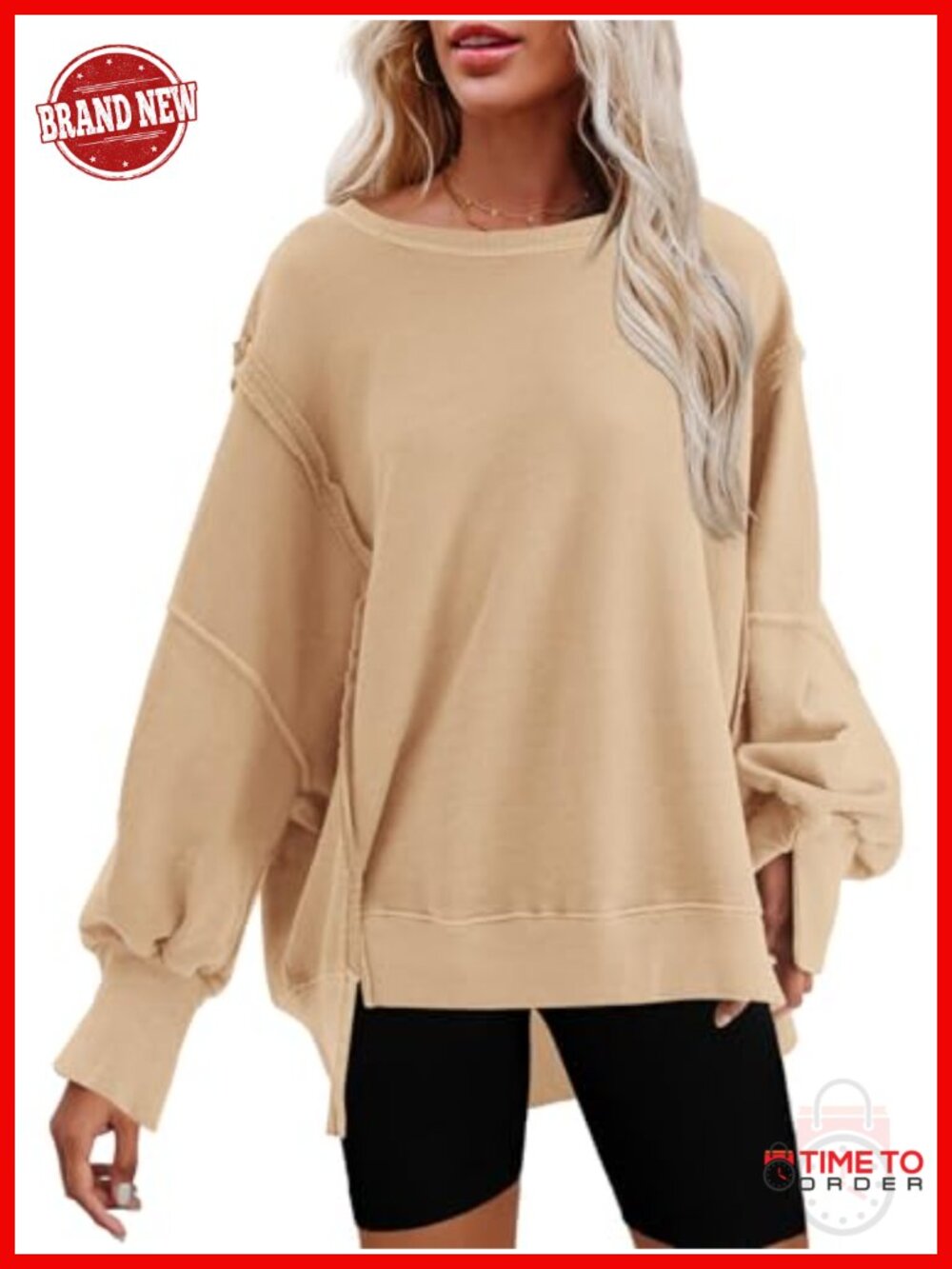 Oversized Crewneck Sweatshirt Side Slit Drop Shoulder Long Sleeve Pullover